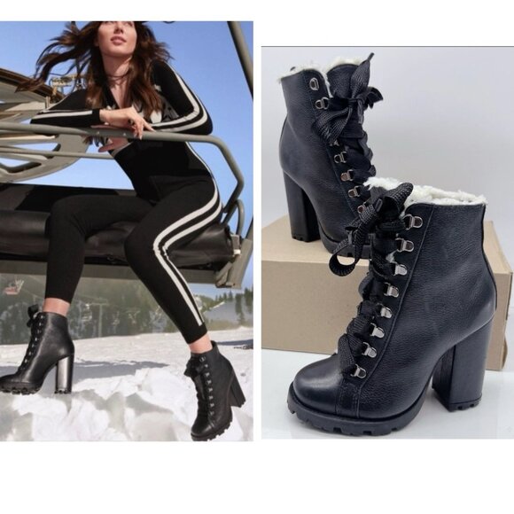 Schutz Zhara Combat Platform Heel Boots Black Leather Lace Up Shearling US 5.5 - Picture 1 of 13